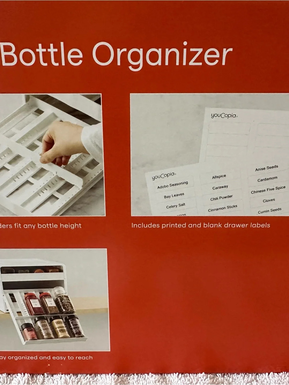 CopiA White Adjustable Spice Bottle Organizer - Tiered Drawer Storage